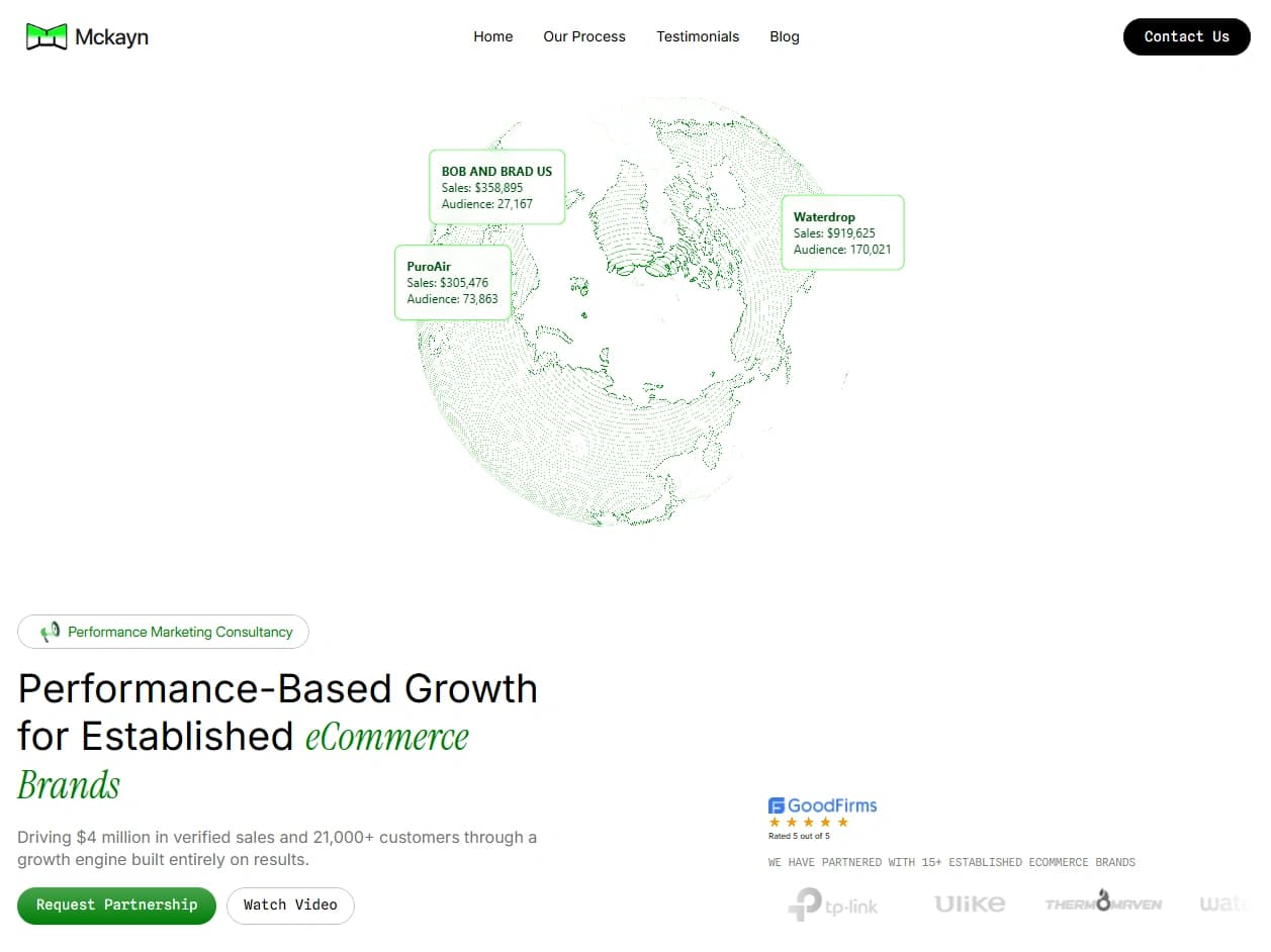 McKayn — performance-based growth for established eCommerce brands, with a globe of client sales figures