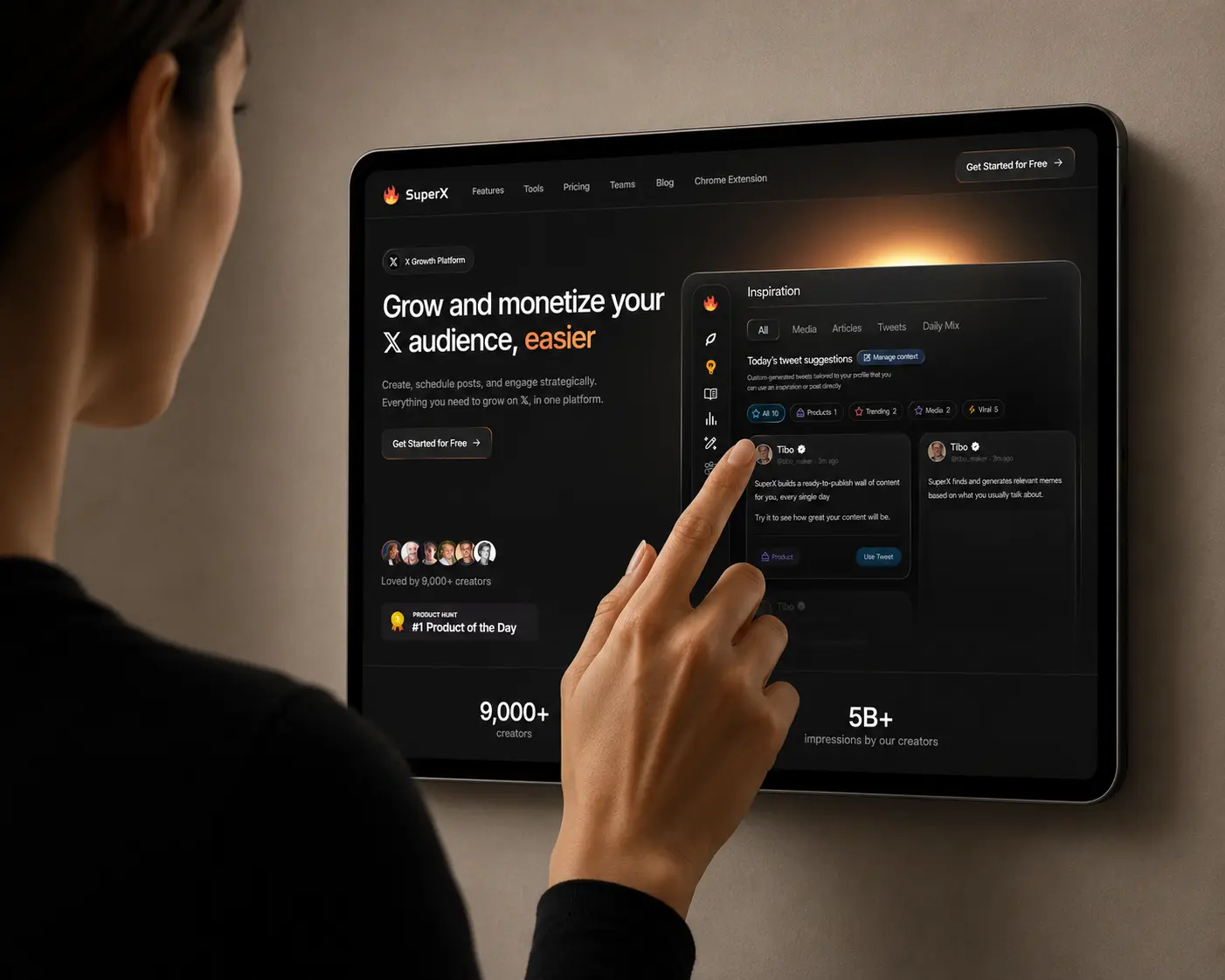 SuperX homepage on a wall-mounted tablet - Grow and monetize your X audience, easier