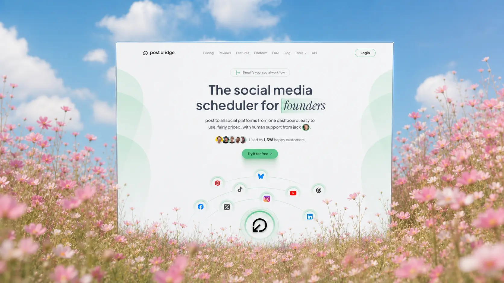 Post Bridge homepage on a poster standing in a flower field